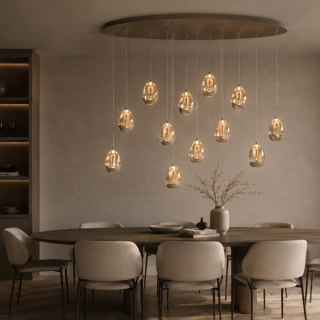 Hanglamp zand Egg ovaal 12 lichts sfeer